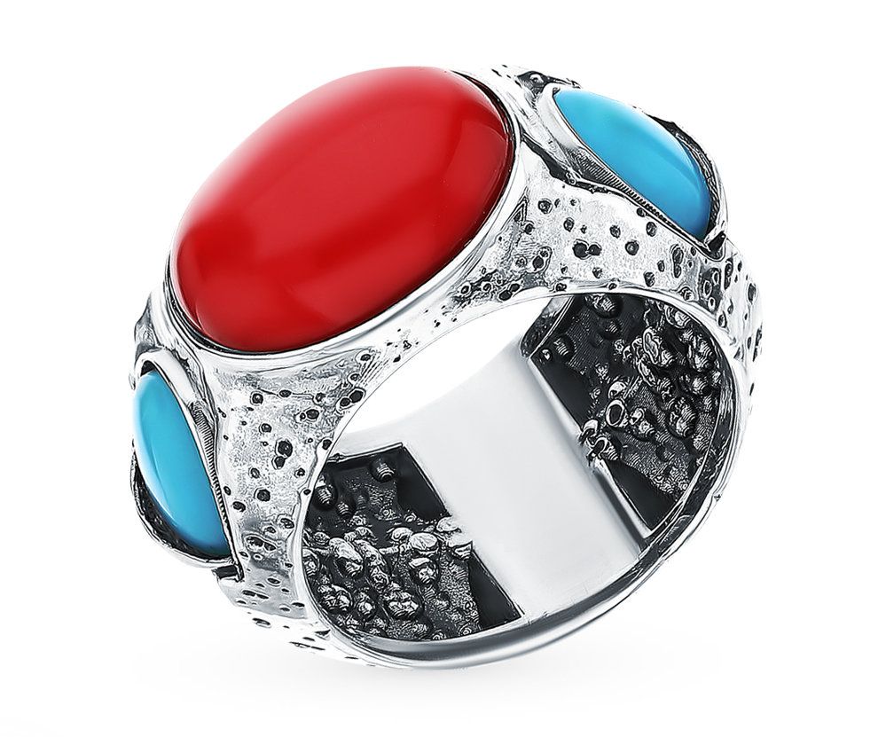 Серебряное кольцо с бирюзой и кораллом