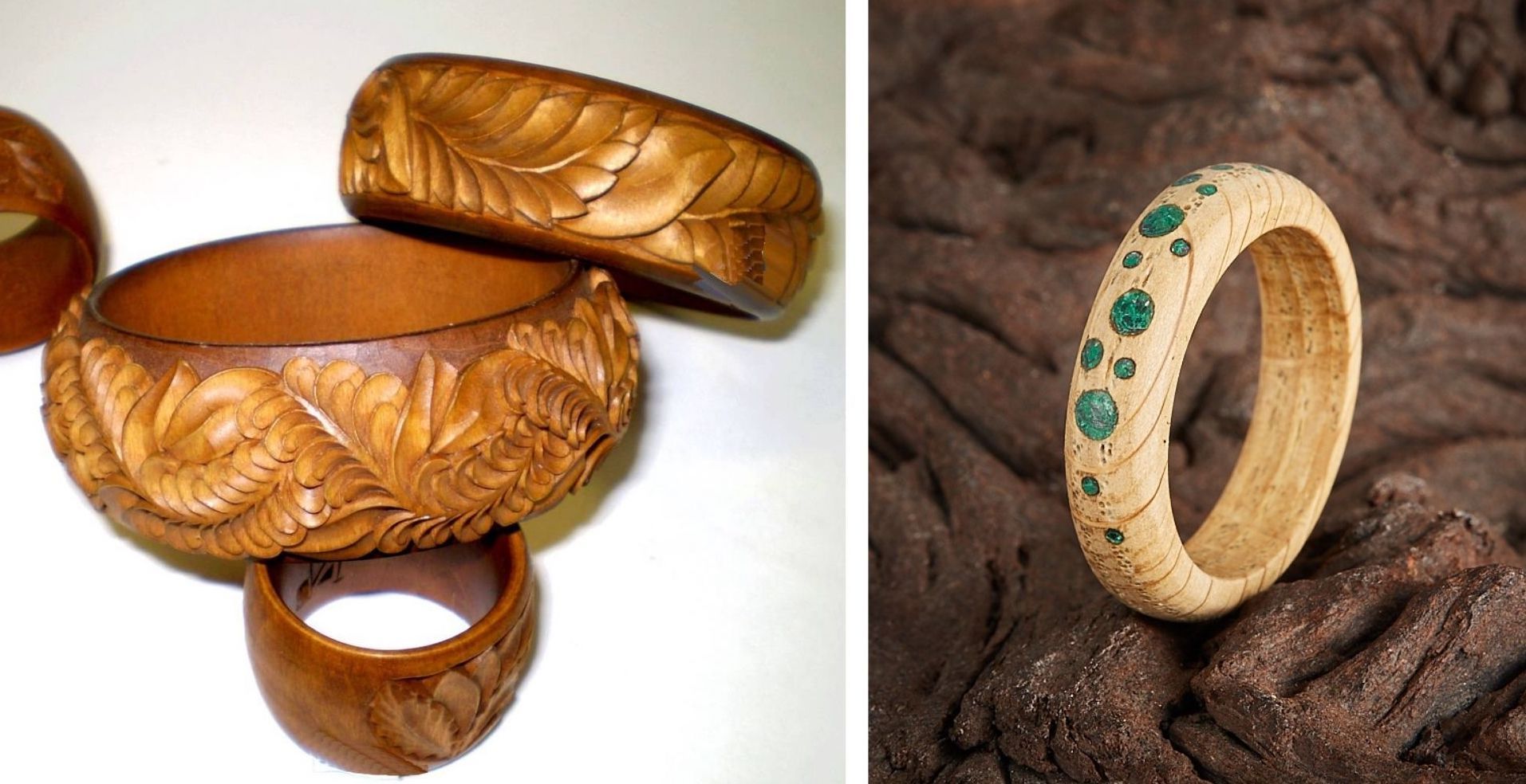 Резное кольцо из дерева и с вставками малахита